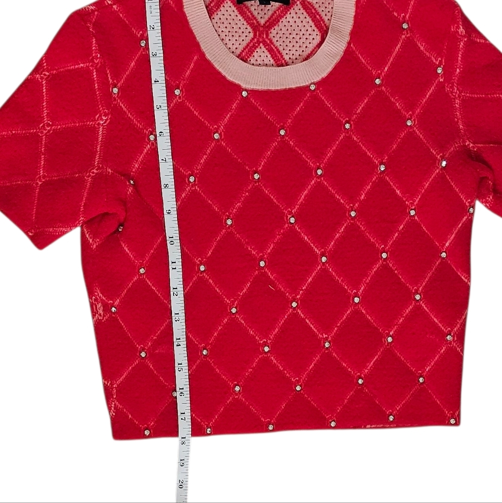 Maje Red Pink Diamond Fleece Quilt Short Sleeve Crop Top w Rhinestones size 1 - Picture 11 of 11